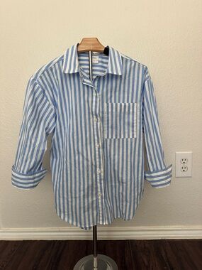 Zara Blue and White Vertical Stripe Button-Down Shirt